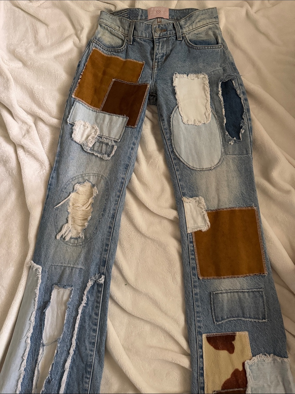 REVICE Light Wash Patchwork Flare Jeans with Brown & White Patches